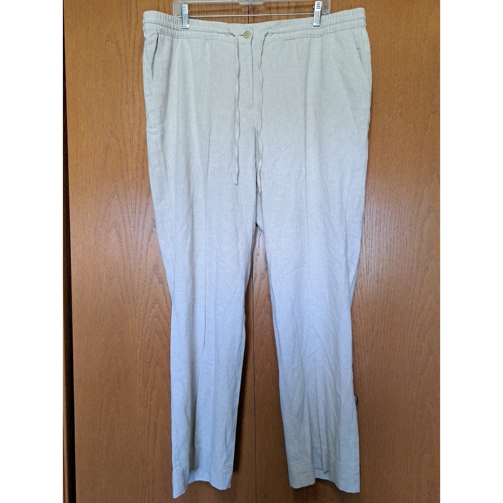 Talbots Women's Beige Linen Blend Elastic Waist Wide Legs High Rise Pants 14 W